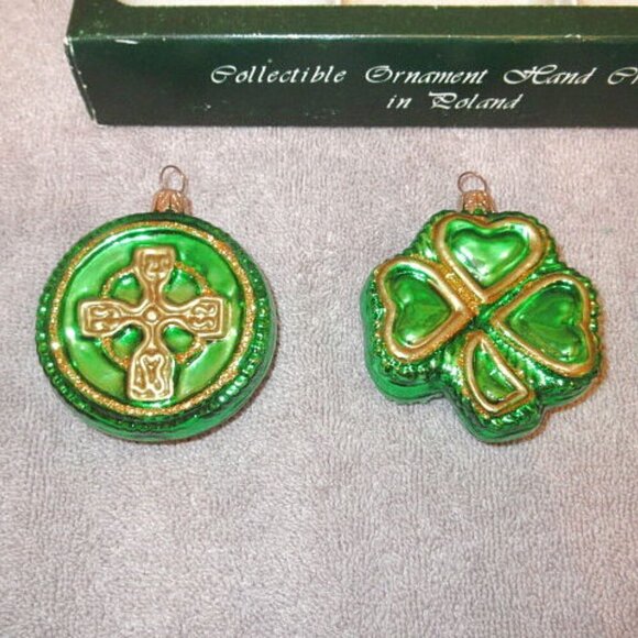 Vtg Blown Glass Chrismtas Ornaments Glitter Irish Celtic Cross Claddagh Shamrock - Picture 2 of 10